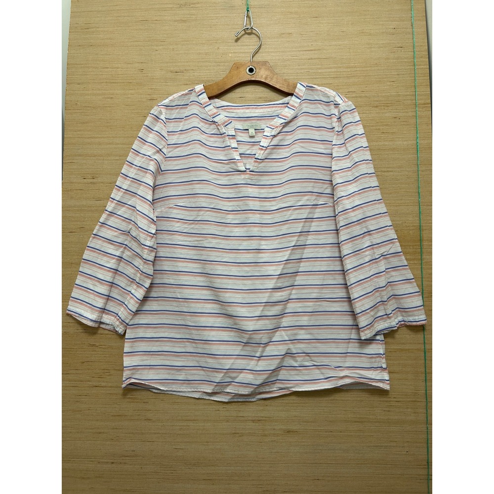 Talbots Womens M Striped Split Neck‎ Blouse 3/4 Sleeve Blue Coral White Top
